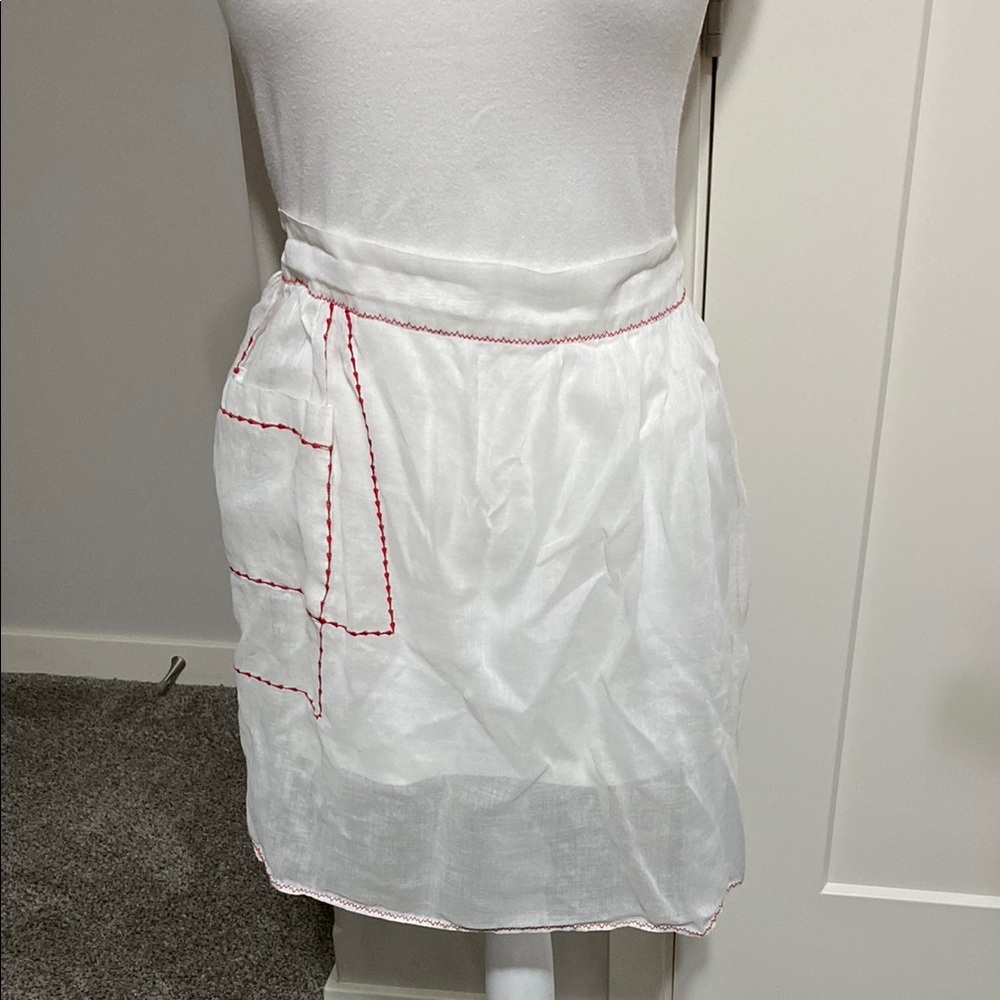 Vintage White Half Apron with Pocket & Red Trim!